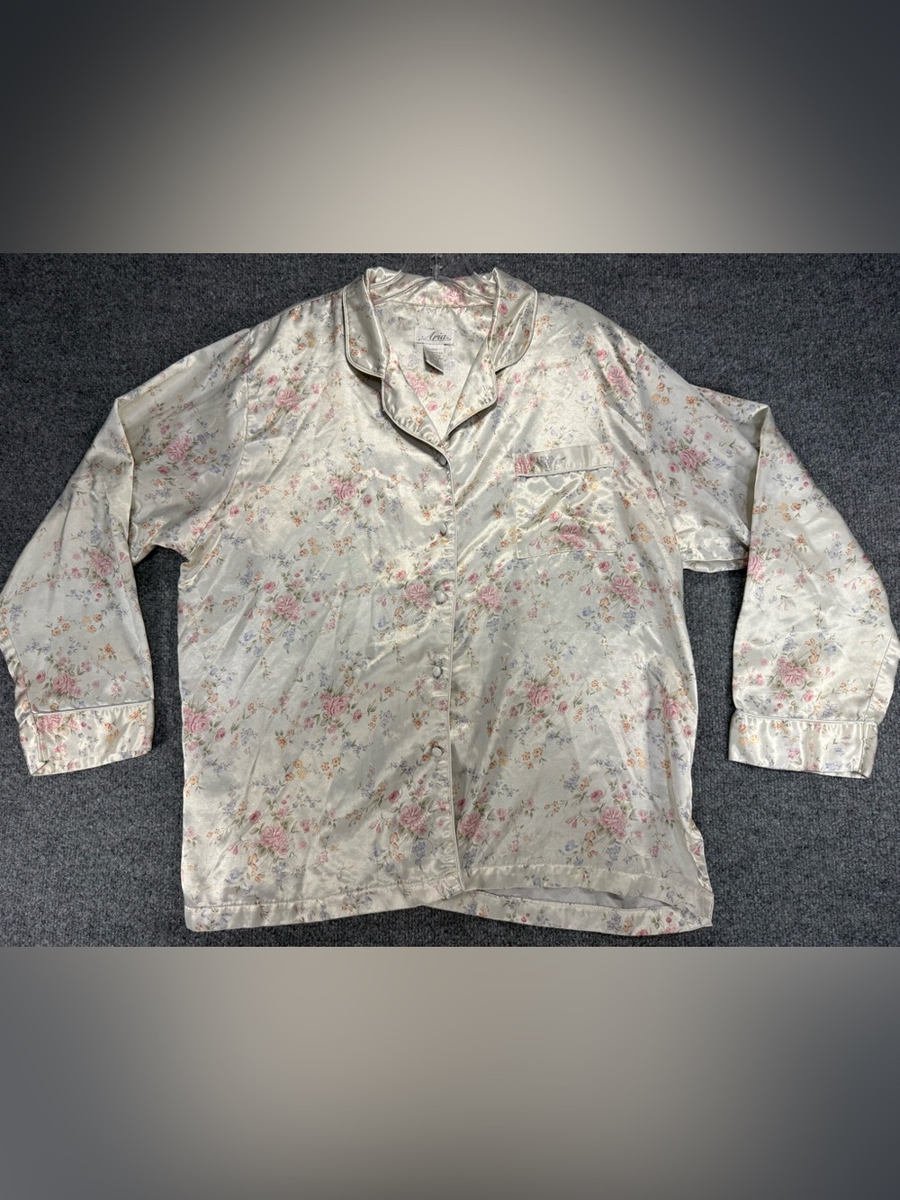 Vintage Aria Satin Floral Pajama Top Button-Up Shirt - classic traditional